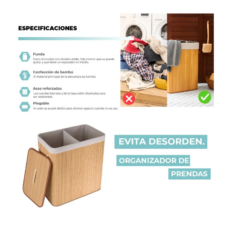 Cesta Doble De Ropa Con Forro Bambu